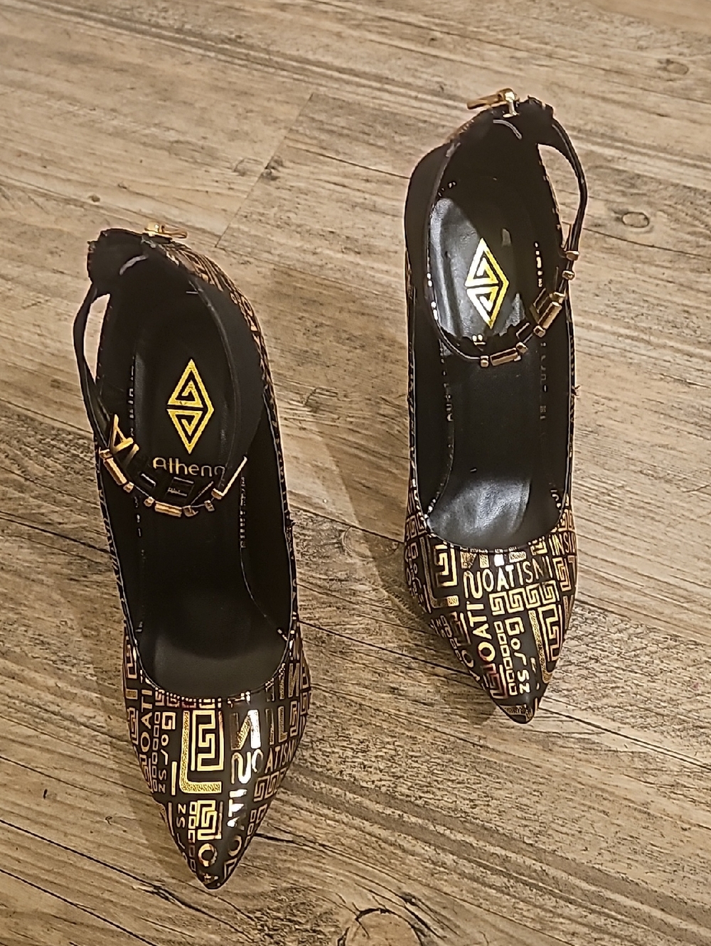 Athena Black and Gold Patterned Pointed-Toe Ankle-Strap Heels